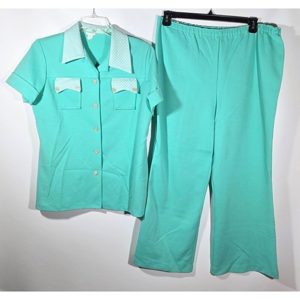 Vintage 70s Mint Green Polyester 2 Piece Pant Suit Set Leisure Wide Collar Sz M